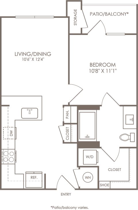 Floor plan for 1 bed, 1 bath, 614 sqft